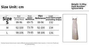 Size guide for sleeveless satin dress with detailed measurements in centimeters