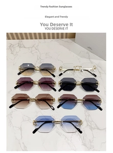 Collection of rimless octagonal sunglasses in gradient colors with gold metal frames
