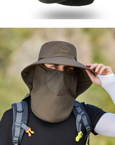 Detail of olive green sun hat showing mesh face mask and embroidered sport logo