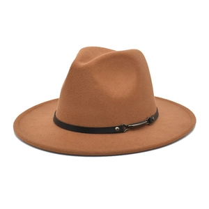 Detail of wool felt fedora hat featuring a black leather belt with metal buckle