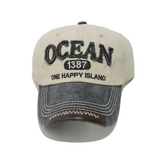 Detail of OCEAN 1387 embroidery and contrast stitching on vintage panel baseball cap