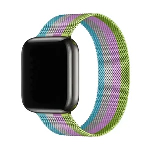 Detail of Milanese Loop band featuring blue, white, purple, and green vertical stripes
