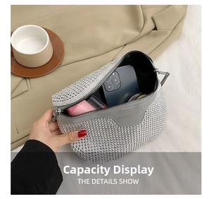 Silver rhinestone handbag interior showing storage for phone, lipstick, and compact powder