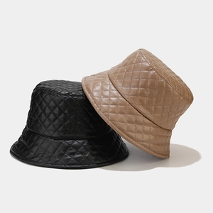 Minimalist quilted PU leather bucket hats in black and khaki with diamond stitching pattern