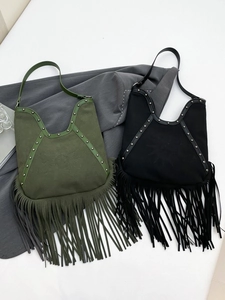Bohemian style fringe shoulder bag with metal rivets and sun pattern embroidery in army green