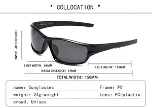 Detailed sizing chart for polarized sport sunglasses showing UV400 PC frame dimensions