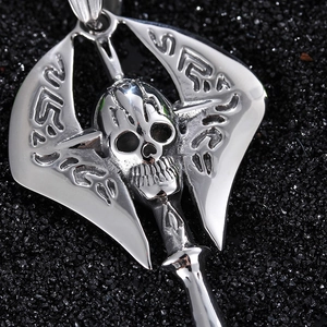 Punk style titanium steel skull and axe pendant necklace for men in silver finish