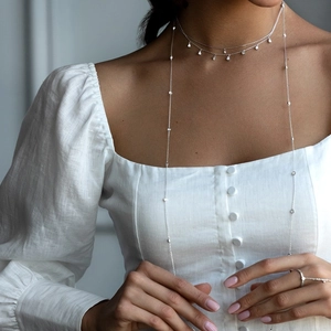 Detail of elegant S925 silver fringe necklace and matching ring on fashion model