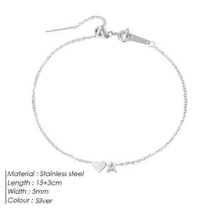 Bracelet réglable en acier inoxydable argenté avec breloque cœur et lettre A pour femme
