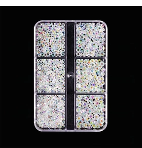 Size chart for flatback AB crystal rhinestones showing ss4 to ss16 nail art jewel dimensions
