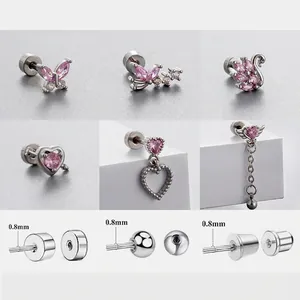 Titanium Steel Ear Cartilage Studs Pink Zircon Heart Butterfly Swan Cupid Arrow Piercing Jewelry For Women