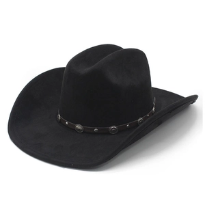 Classic black suede western cowboy hat with a brown leather band and metallic studs