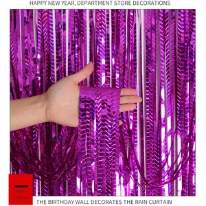 Detail of purple metallic rain curtain fringe showing texture and glossy finish