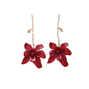 Elegant red orchid drop earrings with golden branch design on white background