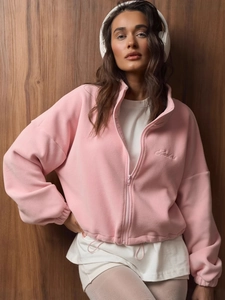 Women Polar Fleece Jacket Letter Embroidery Zip Up Stand Collar Casual Loose Long Sleeve Sweatshirt