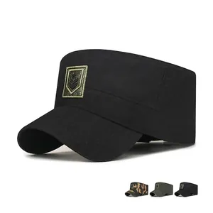 Men Cadet Cap Cotton Military Flat Top Hat Adjustable Vintage Canvas Patrol Cap With Star Embroidery Badge Sunshade