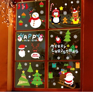 Detailed Christmas window stickers showing Santa and snowman on festive glass surface