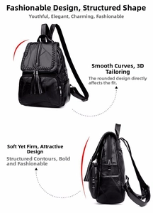 Detail eines schwarzen PU-Lederrucksacks mit Quasten-Reißverschluss und Flechtkante