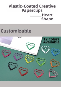 Close-up of heart-shaped colorful coated metal paper clips in 12 assorted vibrant colors