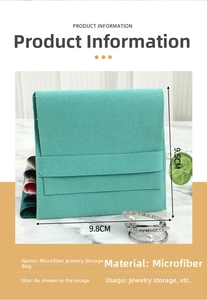 Detailed view of microfiber jewelry pouch with dimensions and various colors