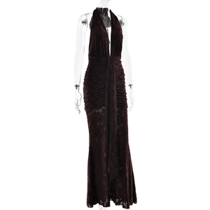 Detail of burgundy lace halter maxi dress featuring deep V-neck and ruched draped design