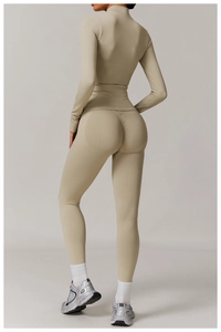Close-up of beige yoga set showing seamless high-waist ruched butt lifting leggings texture