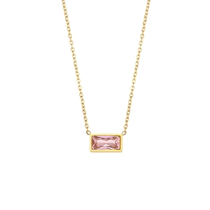 Detail of a minimalist gold necklace with a bezel-set rectangular pink zircon pendant