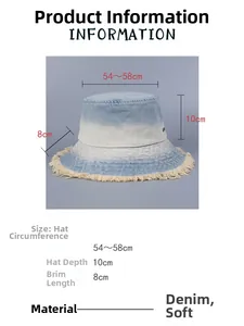 Detailed size specifications for the gradient denim bucket hat with frayed edge design