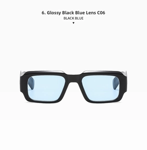 Detail of vintage square black frames with light blue lenses and C06 model numbering