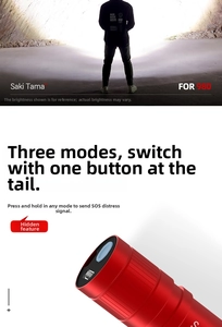 Detail of red mini LED flashlight with USB port, showing beam in a cave and tail switch