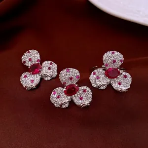 French Court Style Flower Jewelry Set Copper Zircon Elegant Red Stone With Silver Earring Post For Women
