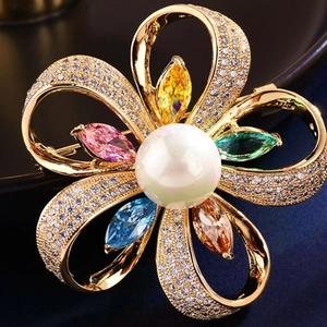 Broche Fleur De Mode Avec Künstliche Perle Et Zircon Incrustés En Cuivre Élégante Épingle De Corsage Pour Femmes Accessoires