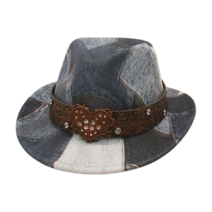 Kids Western Cowboy Fedora Hat Denim Patchwork Faux Leather Band Rhinestone Heart Buckle Retro Jazz Top Hat Boys Girls