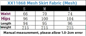 Size chart detail for the plaid mesh skirt showing waist, hip, and length measurements
