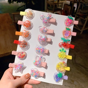 Cute girls' 15-piece hair clip set with colorful sequins and fruit shapes in clear acrylic
