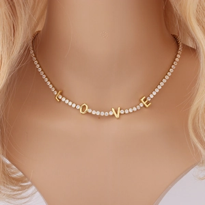 LOVE Letter Necklace 18K Gold Plated Copper Cubic Zirconia Tennis Chain Choker Jewelry For Women