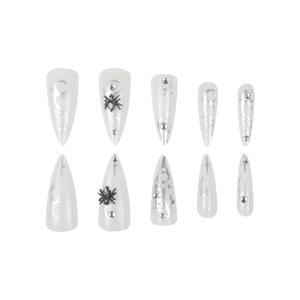 Halloween stiletto press-on nails with silver tribal flame and 3D black spiders