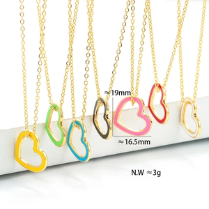 Close-up of colorful heart enamel pendants on display with size and weight specs