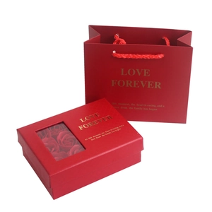Red jewelry gift box with soap roses and matching tote bag set with LOVE FOREVER gold text