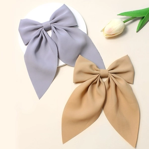 Set of 2 large solid color ribbon hair bows in grey and beige soft fabric for girls
