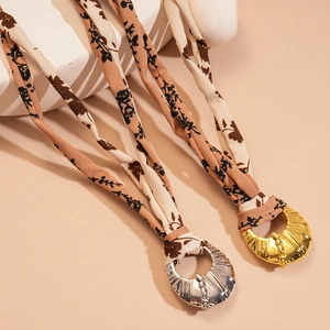 Bohemian floral fabric double-layered necklace with textured oval metal pendants