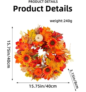 Detailed harvest wreath view showing 40cm diameter and 8cm thickness with maple leaves