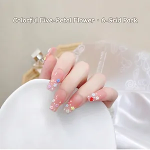 6-grid colorful 3D resin flower nail charms set on long nails for elegant manicure decoration