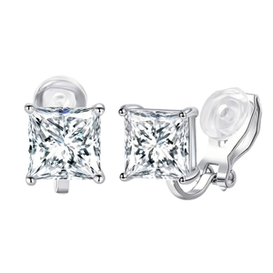 Silver square zircon clip-on earrings with comfort silicone pads and princess cut stones