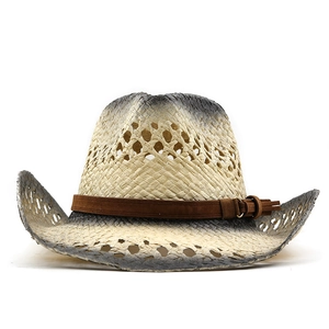 Hollowed out straw cowboy hat with gradient spray and brown decorative suede band