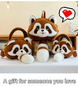 Three plush red panda bags featuring iconic striped tails and soft faux fur material