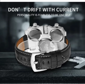 Detailed back view of Oulm sports watch showing stainless steel case and leather strap