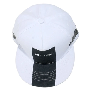 White cotton canvas flat brim baseball cap with black Tres Slick embroidery logo