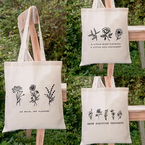Canvas Tote Bag Women Aesthetic Flower Botanical Print Large Capacity Shoulder Handbag Reusable Eco Friendly Shopping