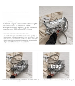 Detail showing dimensions of silver sequin handbag with 25cm width and 17cm height